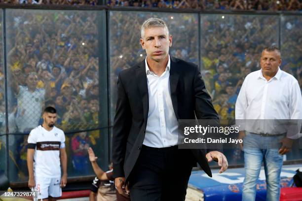 Martin Palermo, coach of Platense, enter the field before a match between Boca Juniors and Platense as part of Liga Profesional 2023 at Estadio...