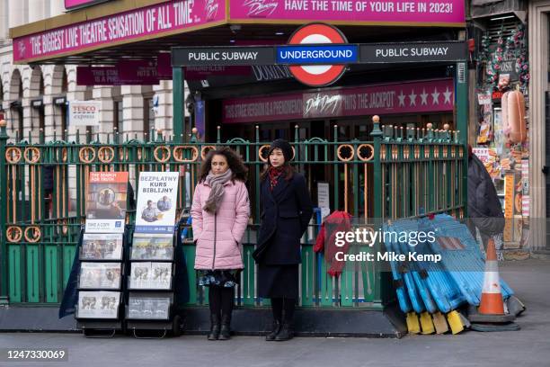 The Watchtower being handed out in various languages on the corner of Oxford Street and Tottenham Court Road on 10th Febuary 2023 in London, United...