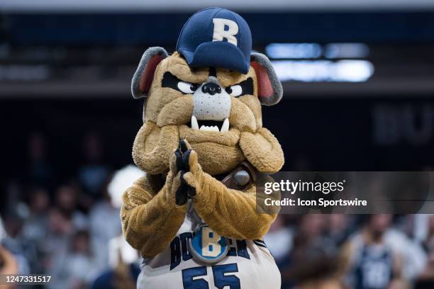 The Butler Bulldogs mascot Hink performs on the court during the men's college basketball game between the Butler Bulldogs and Georgetown Hoyas on...