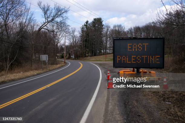 Sign reading East Palestine can be seen before entering East Palestine, Ohio following a train derailment prompting health concerns. On February 3rd,...