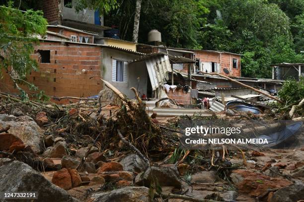 View of a flood-affected area in the Juquehy district in Sao Sebastiao, Sao Paulo state, Brazil, on February 20, 2023. - Flooding and landslides...