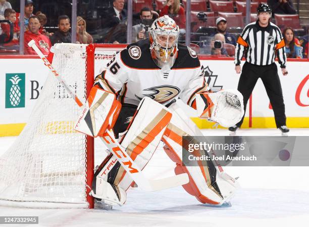 Goaltender John Gibson of the Anaheim Ducks defends the net against the Florida Panthers during first period action at the FLA Live Arena on February...