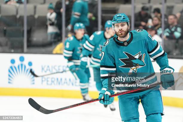 Martin Kaut of the San Jose Sharks skates during warmups before the game against the Seattle Kraken at SAP Center on February 20, 2023 in San Jose,...