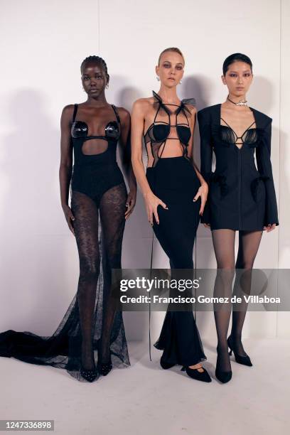 Backstage at Nensi Dojaka Fall 2023 Ready To Wear Runway Show at Alva Coachworks on February 19, 2023 in London, England.