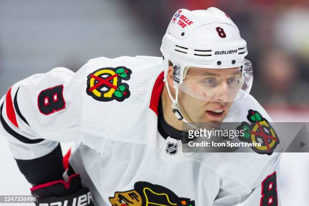 Chicago Blackhawks Defenceman Jack Johnson before a face-off during second period National Hockey League action between the Chicago Blackhawks and...