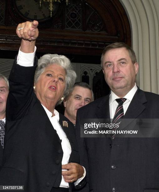 Chairman of the Russian Duma, Gennady Seleznev with his British counterpart Betty Boothroyd, Speaker of the House of Commons, on the steps of her...