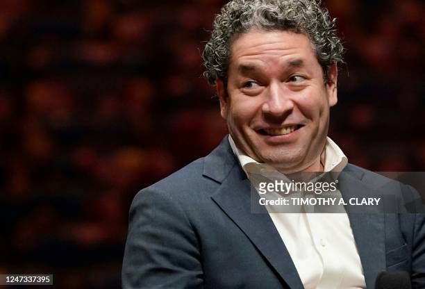 Venezuelan conductor and violinist Gustavo Dudamel speaks to members of the media after being introduced as the New York Philharmonics 27th Music and...