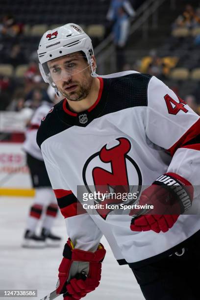 New Jersey Devils left wing Miles Wood warms up before the start