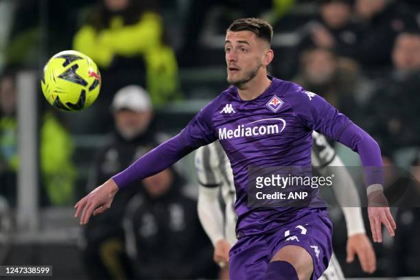 Aleksa Terzic of ACF Fiorentina during the Italian Serie A match between Juventus FC and ACF Fiorentina at Allianz Stadium on February 12, 2023 in...