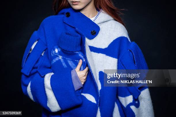 Model presents a creation for British fashion house Burberry during the Autumn/Winter 2023 fashion show collection on the fourth day of the London...