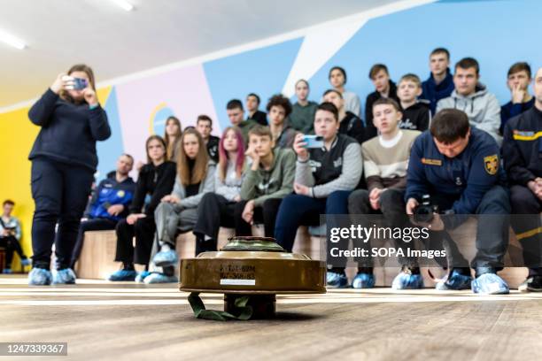 School children attend health and safety training, focused on mine and explosives safety. Nemishaieve is a town near Bucha, occupied by Russian...