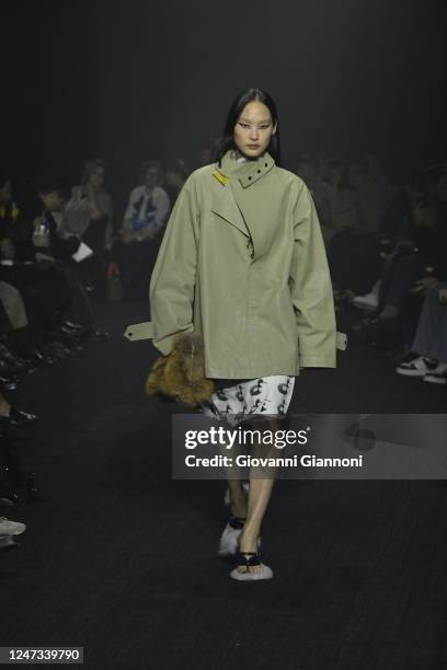 Model on the runway at Burberry Fall 2023 Ready To Wear Fashion Show on February 20, 2023 at St. Agnes Place in London, England.