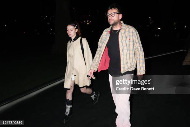 Missy Albarn and Damon Albarn arrive at the Burberry Autumn Winter 2023 show during London Fashion Week at Kennington Park on February 20, 2023 in...