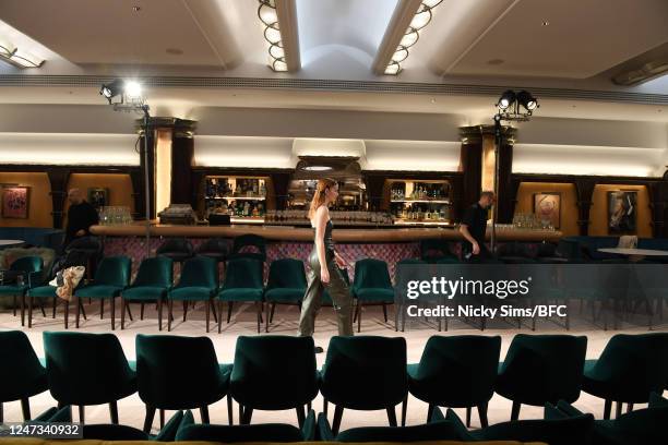 Model walks the runway during rehearsals ahead of the Helen Anthony show during London Fashion Week February 2023 on February 20, 2023 in London,...