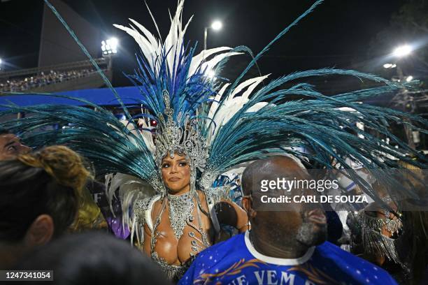 Drum Queen Bianca Monteira of Portela samba school prepares to perform during the second night of Rio's Carnival parade at the Sambadrome Marques de...