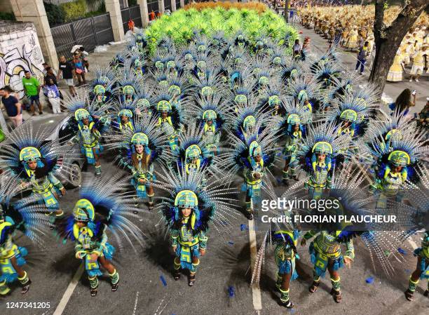 Aerial picture showing members of the Paraiso do Tuiuti samba school performing during the second night of Rio's Carnival parade at the Sambadrome...