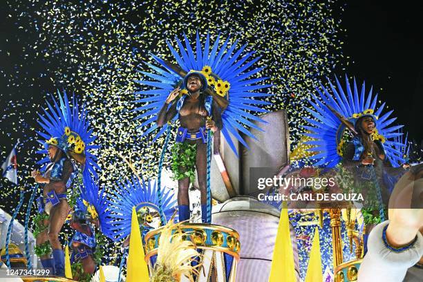 Members of the Portela school perform during the second night of Rio's Carnival parade at the Sambadrome Marques de Sapucai in Rio de Janeiro, Brazil...