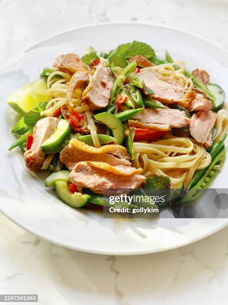 sliced crispy duck asian style noodle salad - crunchy salad stock pictures, royalty-free photos & images