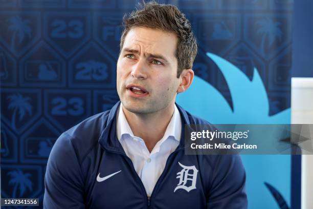 President of Baseball Operations for the Detroit Tigers Scott Harris speaks to the media during the Spring Training Grapefruit League Media Day at...