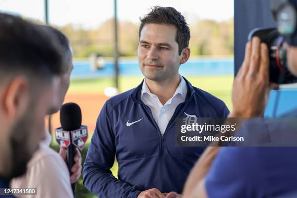 President of Baseball Operations for the Detroit Tigers Scott Harris speaks to the media during the Spring Training Grapefruit League Media Day at...