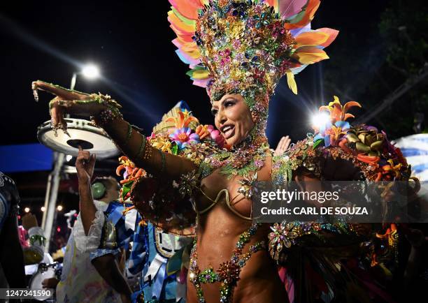 Drum Queen Sabrina Sato from the Vila Isabel samba school during the second night of Rio's Carnival parade at the Sambadrome Marques de Sapucai in...