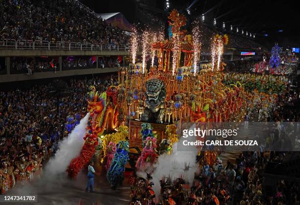Float from the Vila Isabel samba school during the second night of Rio's Carnival parade at the Sambadrome Marques de Sapucai in Rio de Janeiro,...