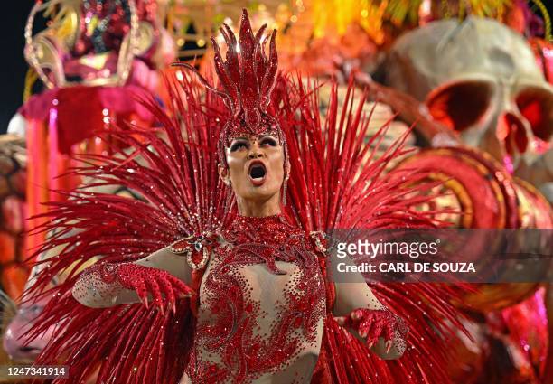 Member of the Imperatriz samba school performs during the second night of Rio's Carnival parade at the Sambadrome Marques de Sapucai in Rio de...