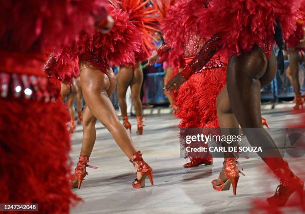 Members of the Imperatriz samba school perform during the second night of Rio's Carnival parade at the Sambadrome Marques de Sapucai in Rio de...