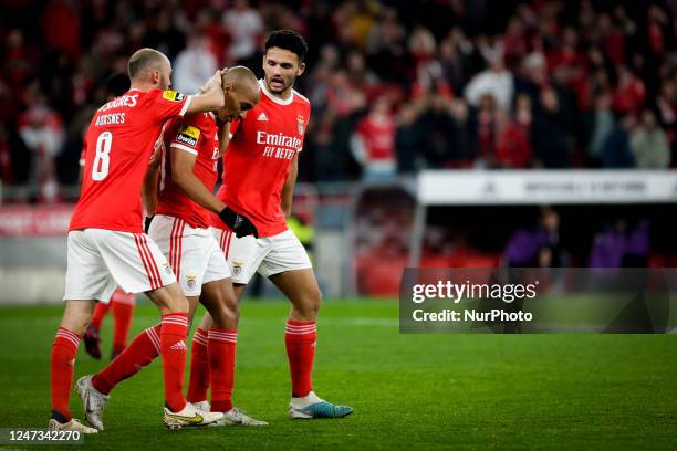 Fredrik Aursnes midfielder of SL Benfica gives support to Joao Mario midfielder of SL Benfica after missing a penalty kick during the Liga Portugal...