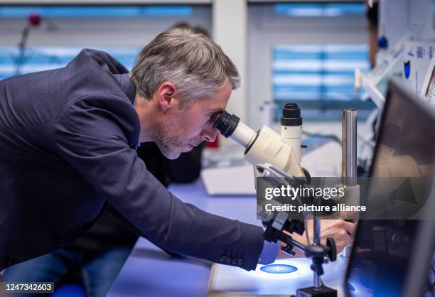 February 2023, Mecklenburg-Western Pomerania, Warnemünde: Stefan Siewert, Head of Department for Technology and Transfer, looks through a microscope...