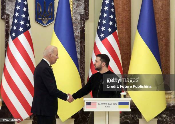 President of Ukraine Volodymyr Zelenskyy and US President Joseph Biden shake hands during a joint press conference, Kyiv, capital of Ukraine.