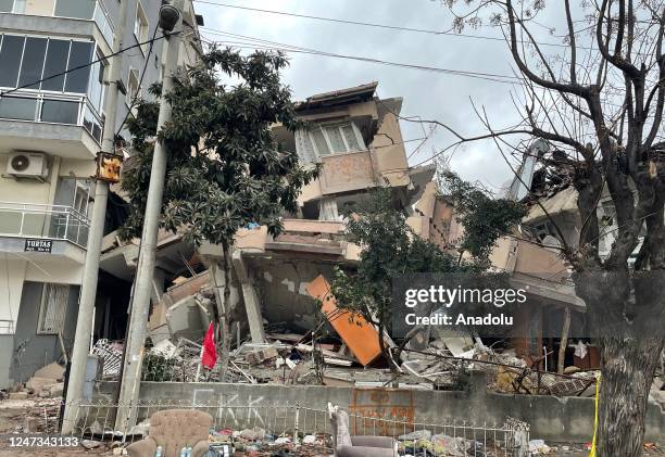 View of collapsed building following 6.4 and 5.8 magnitude earthquakes hit the Hatay province of Turkiye on February 22, 2023. One of the 4 people,...