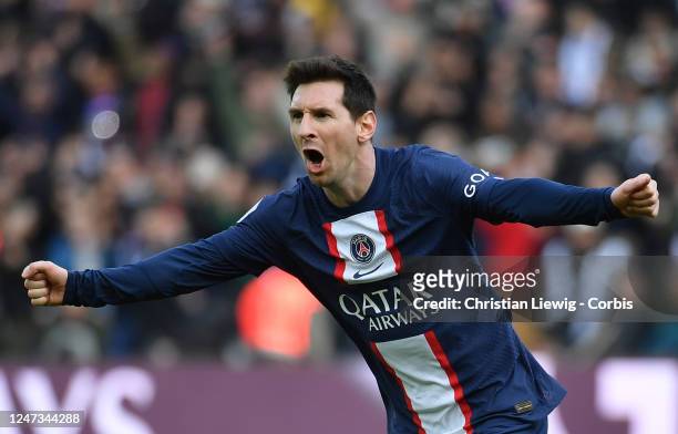 Lionel Messi of PSG celebrates his winning goal on extra-time of Paris Saint-Germain in action during the French Ligue 1 between Paris Saint-Germain...