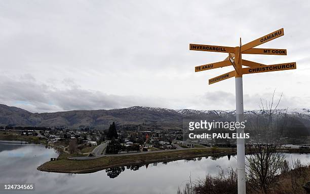 Signpost above the town of Cromwell in New Zealand is seen on September 11, 2011. Cromwell stands at the confluence of the Clutha River and Kawarau...