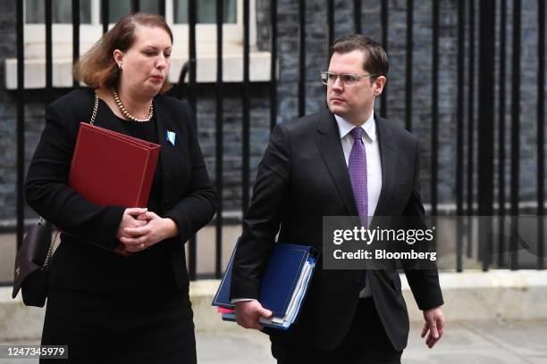 Victoria Prentis, UK attorney general, left, and Robert Jenrick, UK immigration minister, depart following a weekly meeting of cabinet ministers at...