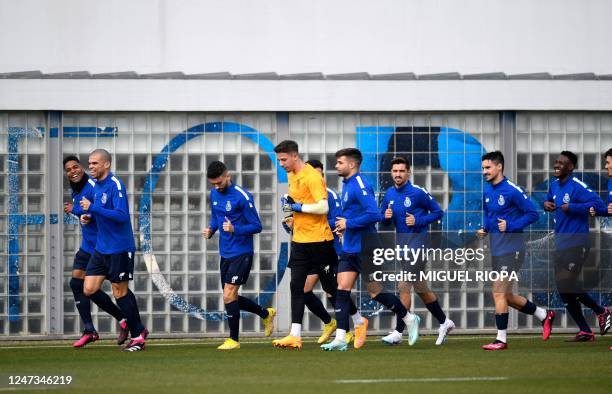 Porto's players attend a training session at the Olival training ground, in Vila Nova de Gaia, near Porto, on February 21 on the eve of the UEFA...