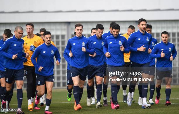 Porto's players attend a training session at the Olival training ground, in Vila Nova de Gaia, near Porto, on February 21 on the eve of the UEFA...