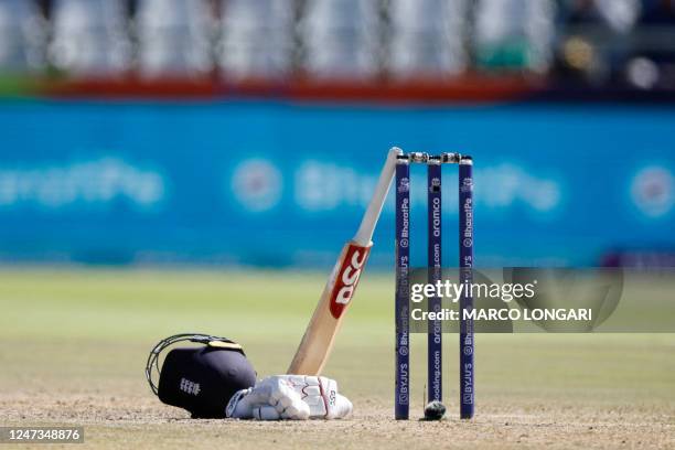 General view of an England player's bat, helmet and gloves on the pitch between overs during the Group B T20 women's World Cup cricket match between...