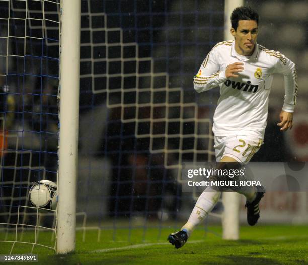 Real Madrid's midfielder Jose Maria Callejon celebrates after scoring a goal during the Spanish Cup football match Ponferradina vs Real Madrid at El...