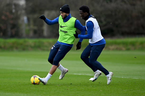 Reece James and David Fofana of Chelsea during a training session at Chelsea Training Ground on February 21, 2023 in Cobham, England.