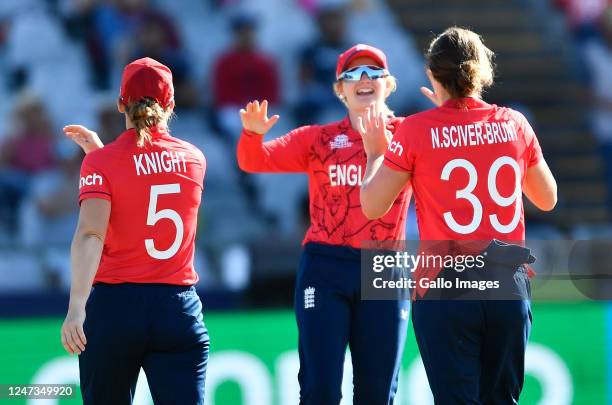 Nat Sciver-Brunt of England celebrates the wicket of Omaima Sohail of Pakistan during the ICC Women's T20 World Cup match between England and...