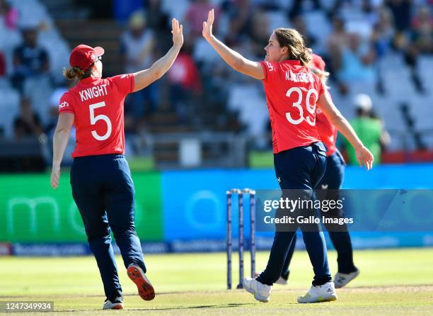 Nat Sciver-Brunt of England celebrates the wicket of Omaima Sohail of Pakistan during the ICC Women's T20 World Cup match between England and...