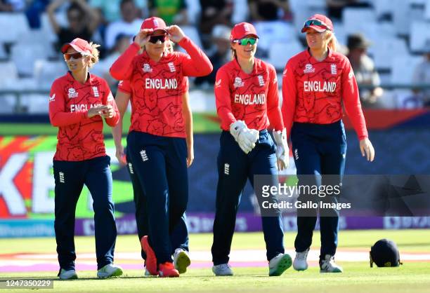 England celebrates the wicket of Omaima Sohail of Pakistan during the ICC Women's T20 World Cup match between England and Pakistan at Newlands...