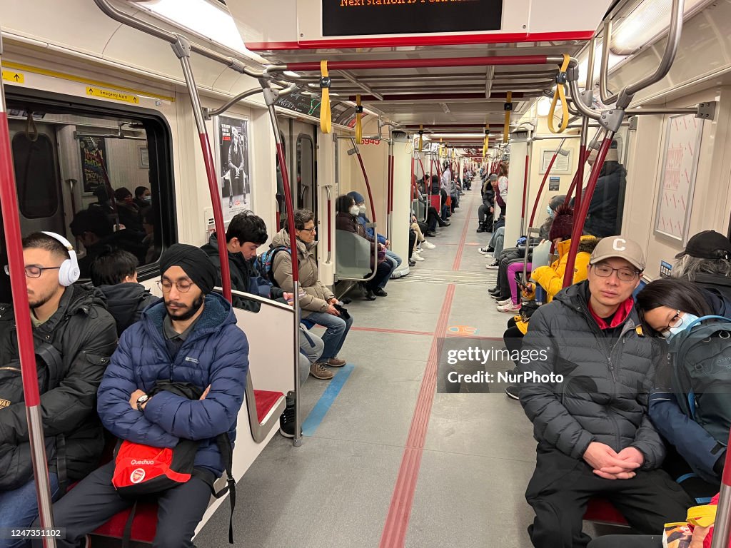 Ttc Train Track Riders on a TTC subway train in Toronto, Ontario, Canada, on February ...