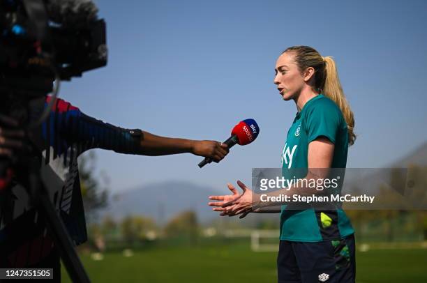 Marbella , Spain - 21 February 2023; Megan Connolly speaks to Sky Sports before a Republic of Ireland women training session at Dama de Noche...