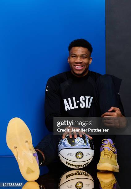 Giannis Antetokounmpo of Team Giannis poses for a photo after the NBA All-Star Game as part of 2023 NBA All Star Weekend on Sunday, February 19, 2023...