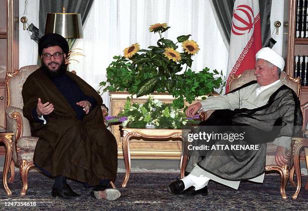 Former Iranian president Ali Akbar Hashemi Rafsanjani meets with Sheikh Hassan Nasrallah, secretary general of the Lebanese Muslim Shiite Hezbollah,...