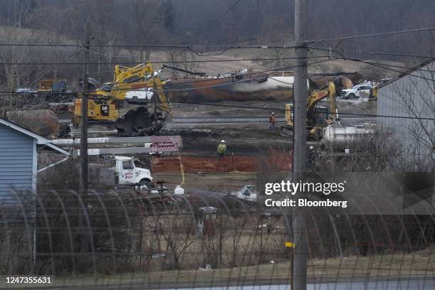 Work crews and contractors remove and dispose of wreckage from a Norfolk Southern train derailment in East Palestine, Ohio, US, on Monday, Feb. 20,...