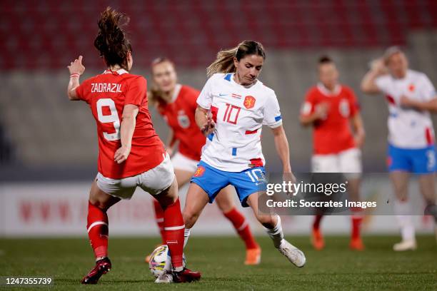 Sarah Zadrazil of Austria, Danielle van de Donk of Holland Women during the International Friendly Women match between Holland Women v Austria Women...