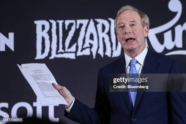 Brad Smith, president of Microsoft Corp., speaks during a news conference in Brussels, Belgium, on Tuesday, Feb. 21. 2023. Microsoft held a...